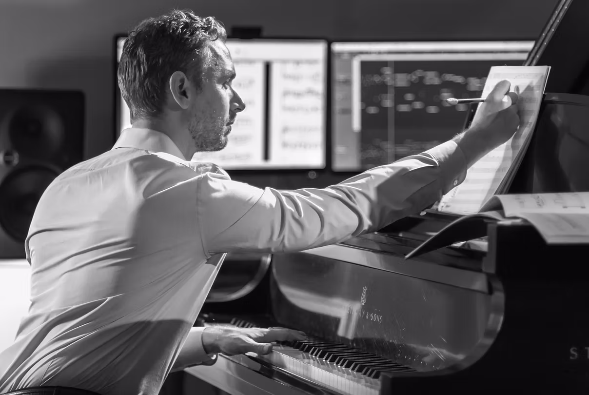 Justin Levitt composing at Steinway